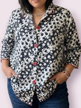 NWT Creation Floral Button Up Top Jacket Shacket Black White Pink Size Large